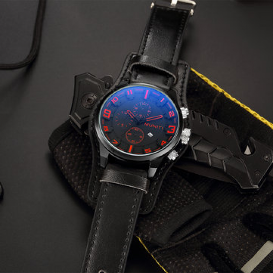MUNITI Sport Military Watch Quartz Big Dial Calendar Leather Watches for Men Army Male Clock for Men Watches
