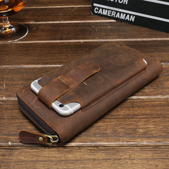 Genuine Leather Vintage Coin Bag Business Zipper Long 5.5 Inche Phone Wallet For Men for Clutch Bags