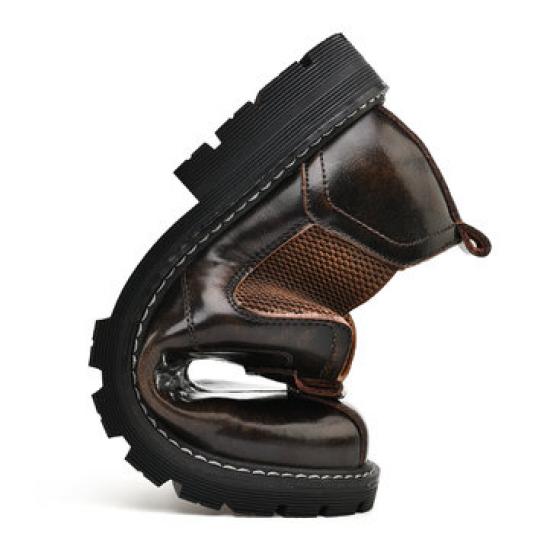 Men Cap Toe Elastic Slip On Slip Resistant Work Style Genuine Leather Shoes for Flats