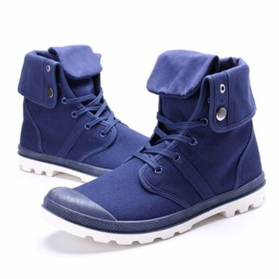 Men Canvas Button Folded Pure Color High Top Lace Up Casual Shoes for Flats