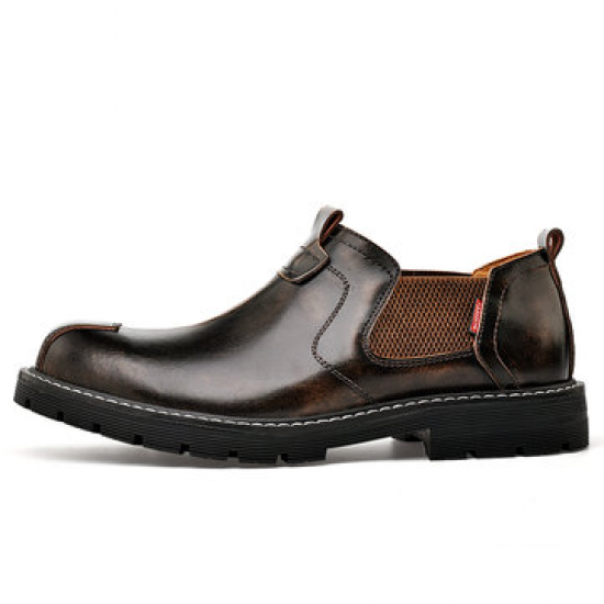 Men Cap Toe Elastic Slip On Slip Resistant Work Style Genuine Leather Shoes for Flats