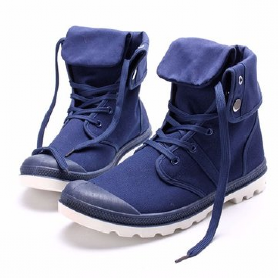 Men Canvas Button Folded Pure Color High Top Lace Up Casual Shoes for Flats